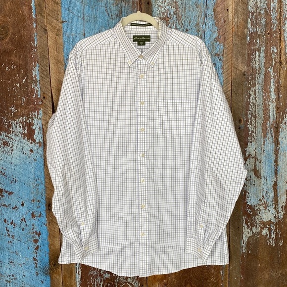 Eddie Bauer White Checked Wrinkle Resistant Long Sleeve Button Down Shirt - Picture 1 of 6